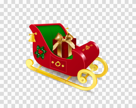 Christmas Santa Claus sleigh with skids decorated with holly plant, ornament, bells with red gift box with bow. Realistic Vector Illustration in traditional colors isolated on transparent backgroundのイラスト素材