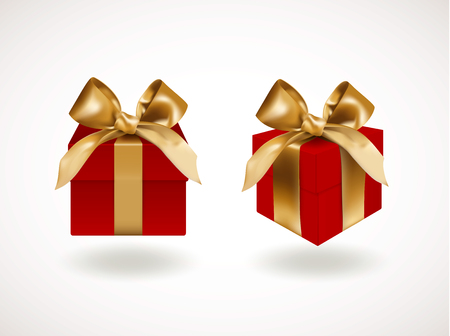 Front view of set of two closed Red gift boxes bandaged with golden elegant bows with knots. Objects or icons isolated on white background. Realistic vector illustrationのイラスト素材
