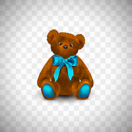 Sitting fluffy cute red brown or rufous teddy bear with bright blue ribbon or bow. Children's toy isolated on transparent background. Realistic vector illustration.のイラスト素材