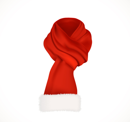 Bright red scarf with white fluffy edging. Santa Claus winter accessory for neck. Realistic vector icon isolated on white background.の写真素材