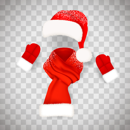 Set of realistic red Santa Claus hat with fluffy fur pompon aand long scarf with snow isolated on transparent background. Vector illustration.のイラスト素材