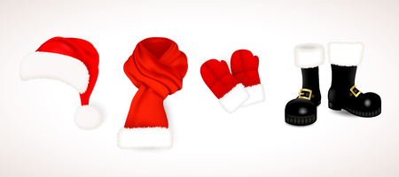 Collection of traditional red Santa Claus clothing, hat with fluffy fur pompon, scarf with snow, mittens and black boots isolated on white background. Vector illustration.のイラスト素材