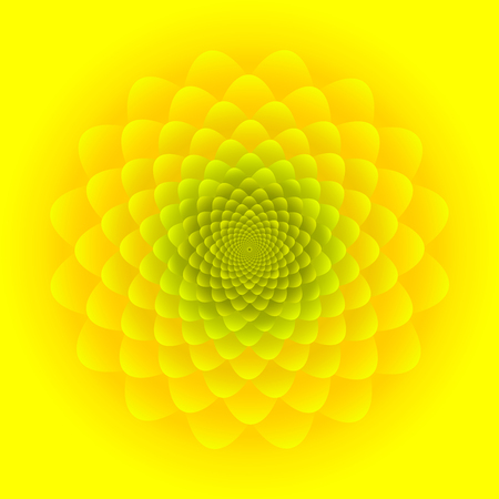Close-up Sunflower inflorescence in orange and green colors. Abstract floral pattern design on bright yellow background.のイラスト素材