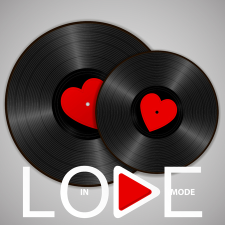 Two Realistic Black Vinyl Records with red heart labels, lettering In love mode and play button. Retro concept of music and romance.のイラスト素材