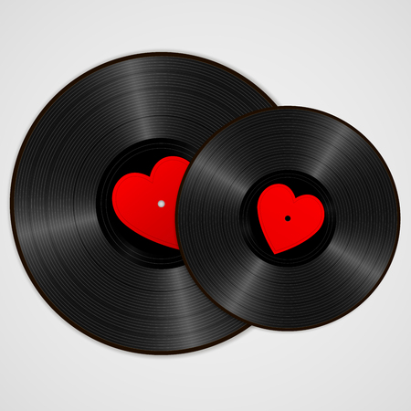Two Realistic Black Vinyl Records with red heart labels. Retro Sound Carriers isolated on white background.のイラスト素材