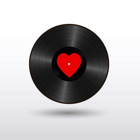 Realistic Black Vinyl Record with red heart label. Retro Sound Carrier isolated on white background.のイラスト素材