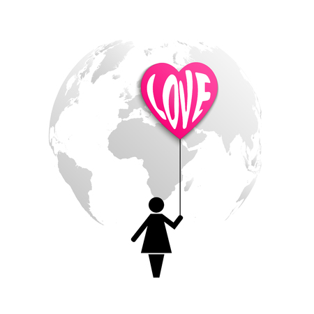 Planet Earth and icon of a woman holding red air balloon heart with word love isolated on white background.のイラスト素材
