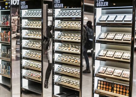 ISTANBUL, AIRPORT - FEBRUARY, 2019: Decorative Cosmetics Eye shadows on the shelves of duty free...