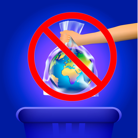 Crossed out red circle or prohibition sign on person's hand throwing the planet Earth in transparent plastic bag. The concept of plastic pollution. Say no to plastic.のイラスト素材