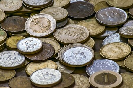 Turkish currency of different years. Metal coins. Retro or vintage money background.の写真素材