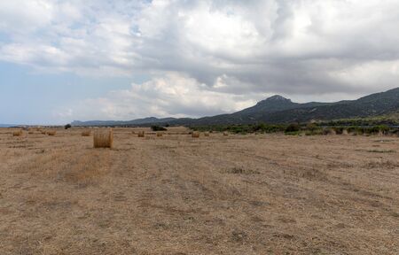 View of Northern Cyprus. The nature of the Mediterranean. A round bale of straw for animal feed. Forage for livestock. Cyprus island panoramaの写真素材