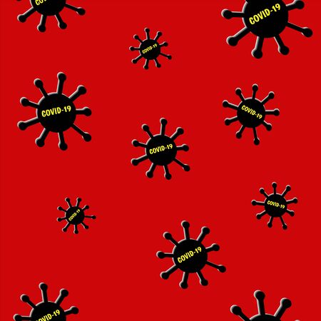 Seamless pattern Virus Covid-19 on red background. Coronavirus cells in blood and human circulatory system.のイラスト素材