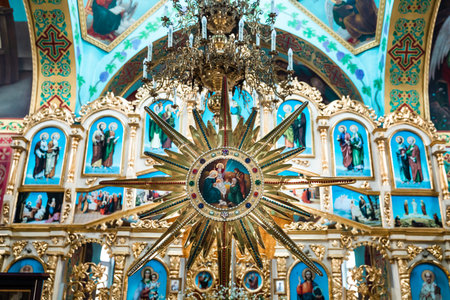 Pokrov, Ukraine - January 24, 2021:Church of St. John Chrysostom. Interior of an Orthodox Ukrainian church. Iconostasis, altar.のeditorial素材