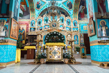 Pokrov, Ukraine - January 24, 2021:Church of St. John Chrysostom. Interior of an Orthodox Ukrainian church. Iconostasis and altar.のeditorial素材