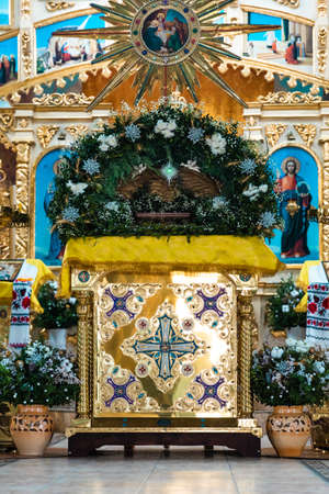 Pokrov, Ukraine - January 24, 2021:Church of St. John Chrysostom. Interior of an Orthodox Ukrainian...