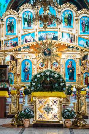 Pokrov, Ukraine - January 24, 2021:Church of St. John Chrysostom. Interior of an Orthodox Ukrainian church. Iconostasis, altar.のeditorial素材