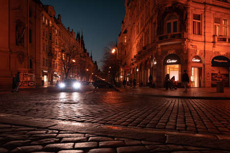 Czech Republic, Prague, Old Town Square - March, 10, 2022: Nigh city center illumination. Downtown area Evening lights.のeditorial素材