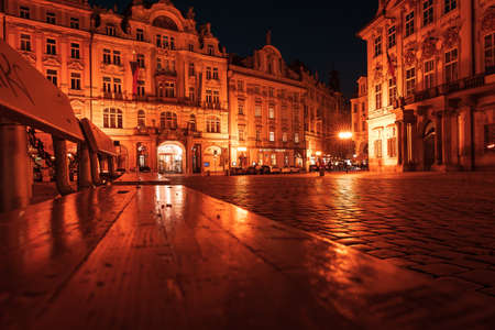 Czech Republic, Prague, Old Town Square - March, 10, 2022: Nigh city center illumination. Downtown area Evening lights.のeditorial素材