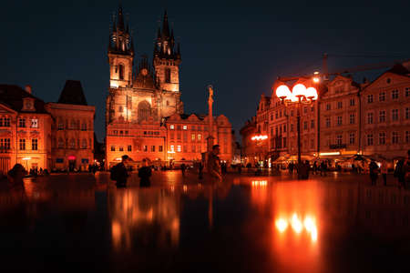 Czech Republic, Prague, Old Town Square Nigh city center illumination. Downtown area Evening lightsの写真素材