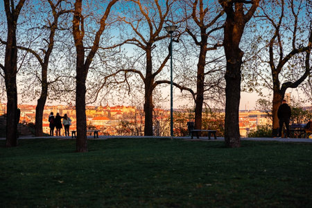 People watching sunset in popular park. Angel, Prague, Czech Republic. Silhouettes of people and trees on a beautiful view of the cityの写真素材