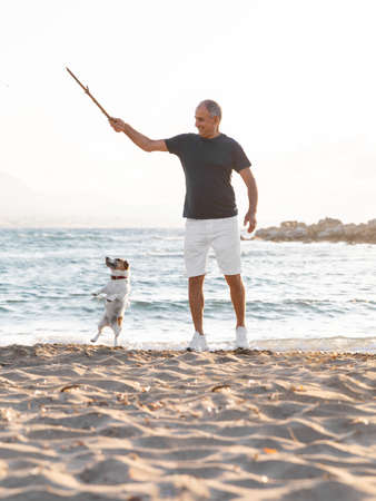 Elderly perso and his dog have fun playing together by the sea.の写真素材