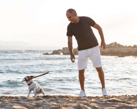 Elderly perso and his dog have fun playing together throwing a stick by the sea.の写真素材
