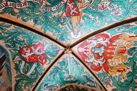 Prague, Czech Republic - April 2022: Beautiful colorful ancient mosaic on ceiling of the Old City Hall. Staromestska Radniceのeditorial素材