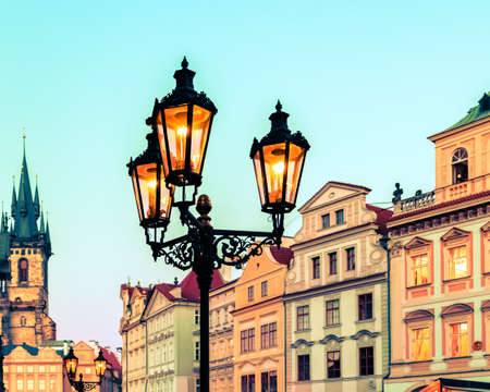 Close-up city lantern on Prague Old Town Square, Czech Republic. Architecture and landmark of Pragueの写真素材