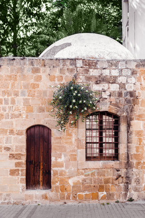 Old building with door, window and flowering caper bush on stone wall background.の写真素材