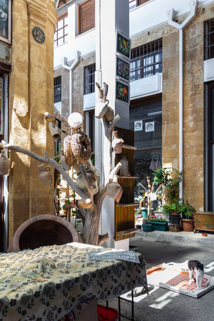 Nicosia, Cyprus - June 28, 2022: Interior of Bandabulya Municipal Market in old historical center of nord Nicosia. handmade productionのeditorial素材