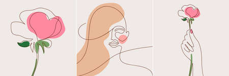 One line abstract art drawing set rose, portrait of girl, hand holding flower. Minimalistic style color images. Editable vector illustration EPS 10のイラスト素材
