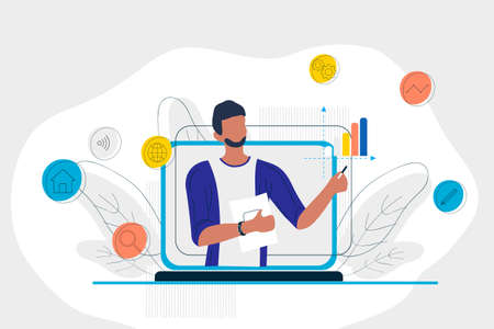 Educational and Self-Development Concept Illustrations. Online education process with teacher. Concept for trainings, seminars, back to school, online courses. Editable vector illustration EPS 10のイラスト素材
