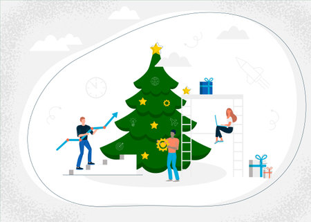 A group of young people, young men and woman decorate a Christmas tree. Business work, achieving goals and results. Editable vector illustration EPS 10のイラスト素材