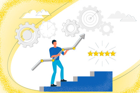 Man with growing schedule rising on step of ladder, stages of successful business project. Flat vector illustration. Editable vector illustration EPS 10.のイラスト素材