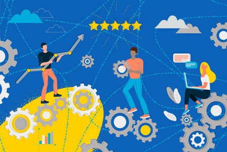 Group of people working as a team, stages of successful business project, teamwork to achieve...