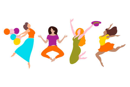 Group of young happy jumping women with different skin colors isolated on white background. Colorful editable vector illustration in flat cartoon style.のイラスト素材