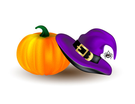 Halloween background with witch hat, spider, web and pumpkin isolated on white background. Editable vector illustration.のイラスト素材