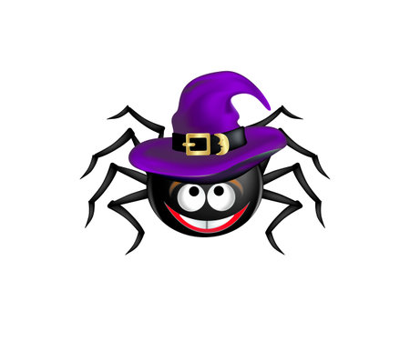 Halloween smiling spider wearing purple witch hat isolated on white background. Editable vector illustration.のイラスト素材