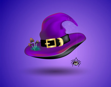 Halloween purple realistic witch hat with mushrooms, spider on spiderweb on dark background. Editable vector illustration.のイラスト素材