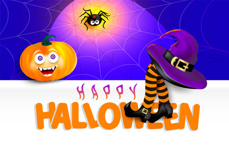 Halloween banner with smiling pumpkin face, witch's striped legs, spider, spider web. Editable Vector illustrationの写真素材