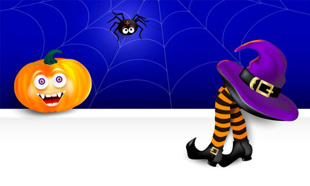 Halloween white banner with smiling pumpkin face, witch's striped legs, spider, spider web on dark blue background. Editable Vector illustrationのイラスト素材