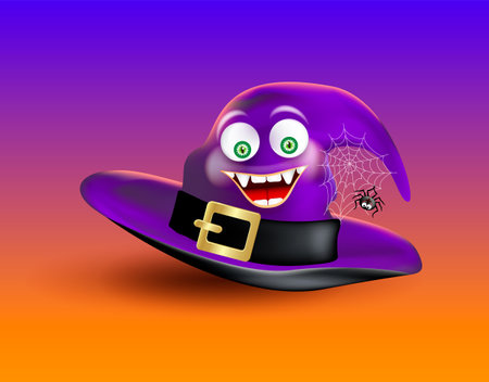Halloween funny purple witch hat with smiling face and spider on spiderweb isolated on white background. Editable vector illustration.のイラスト素材