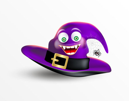 Halloween purple witch hat with smiling face and spider on spiderweb isolated on white background. Editable vector illustration.のイラスト素材