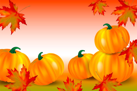 Halloween or Thanksgiving day banner, autumn background with pumpkins, falling or flying maple red leaves. Editable Vector illustration with copy space.のイラスト素材