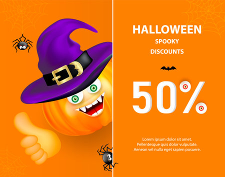 Halloween holiday fifty percent off sale. Orange smiling pumpkin face wearing witch hat showing thumb up on background with spiders and spider webのイラスト素材