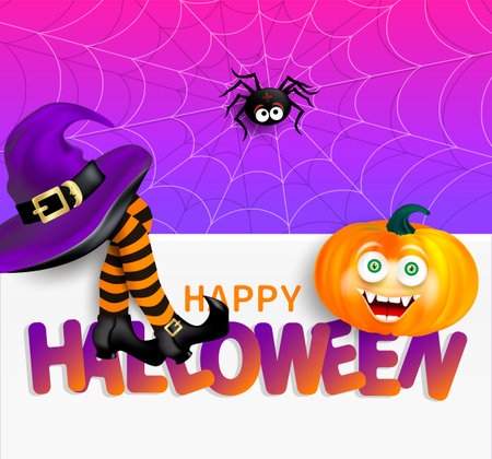 Halloween gift greeting card foldable in half 98X210 or banner with smiling pumpkin face, witch's striped legs wearind purple hat, spider, spider web. Editable Vector illustrationのイラスト素材