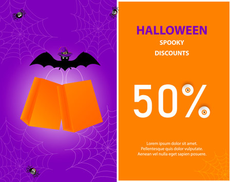 Halloween Gift promotion Coupon banner or party invitation with flying bat holding two orange gift bags on background with text and spidersのイラスト素材