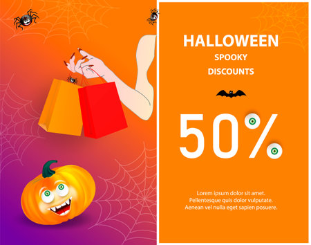 Halloween Gift promotion Coupon banner or party invitation, fifty percent off discount, sale. Orange smiling pumpkin face anf witch hand holding shopping bags on background with spiders.のイラスト素材