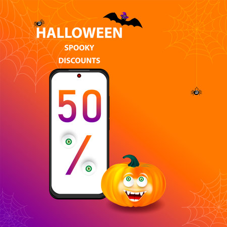 Happy Halloween holiday ad banner with phone with text and smiling halloween character orange pumpkin, flying bat and spiders. Editable vector illustration.のイラスト素材