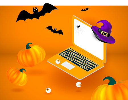 Happy Halloween holiday ad banner. Soaring or flying mockup of open computer, laptop or notebook, orange pumpkins, purple witch hat, bats and eyes. Editable vector illustration.の写真素材